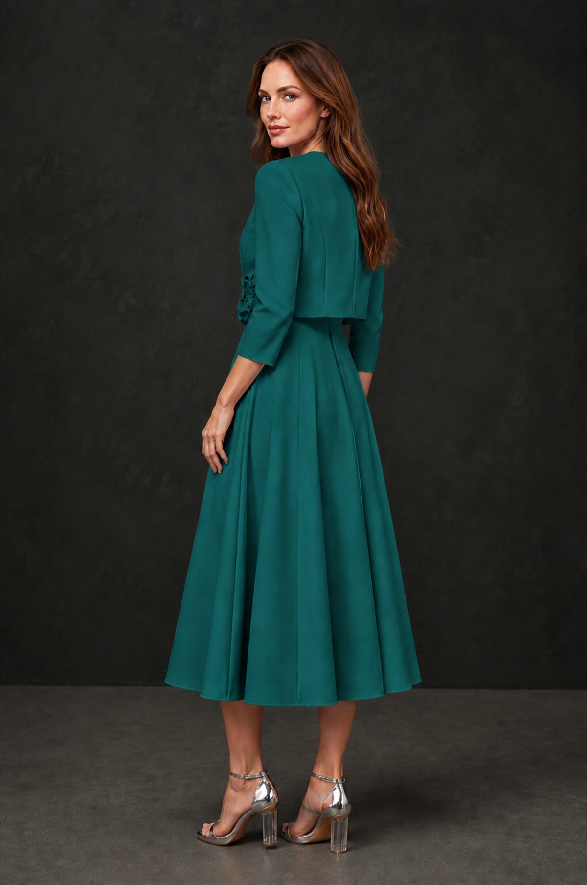 BOLODOO Peacock 3D Rosette Appliqué 3/4 Sleeve Jacket & V-Notch Sleeveless A-Line Tea-Length Two-Piece Dress Set - Peacock