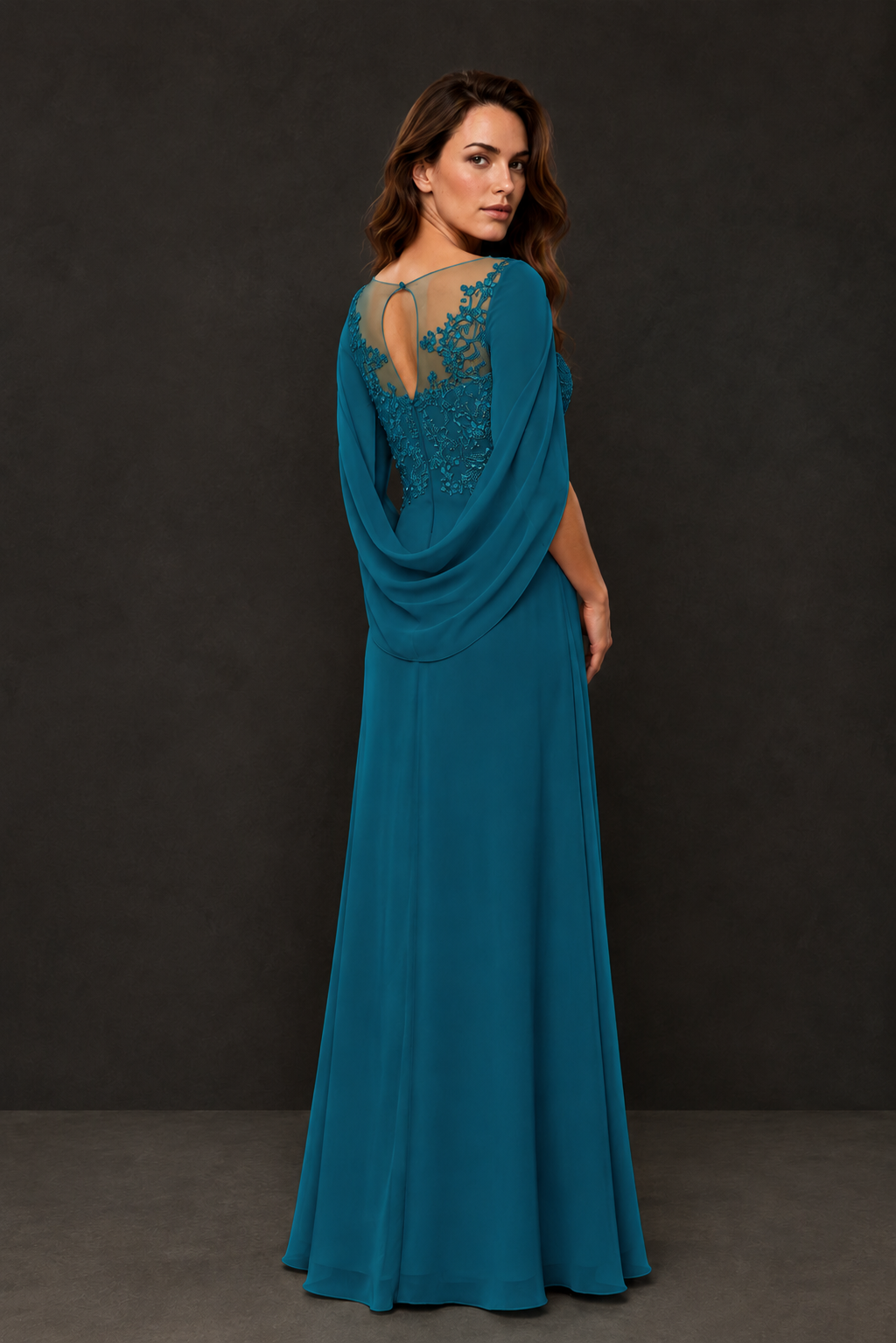 BOLODOO Peacock Illusion Lace One-Side Cape Sleeve Beaded Chiffon Floor Length Gown | Mother of the Bride Evening Dress - Peacock