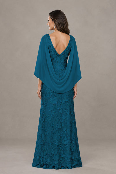 BOLODOO Peacock Lace Mother of the Bride Dress with Cape Sleeves - Peacock