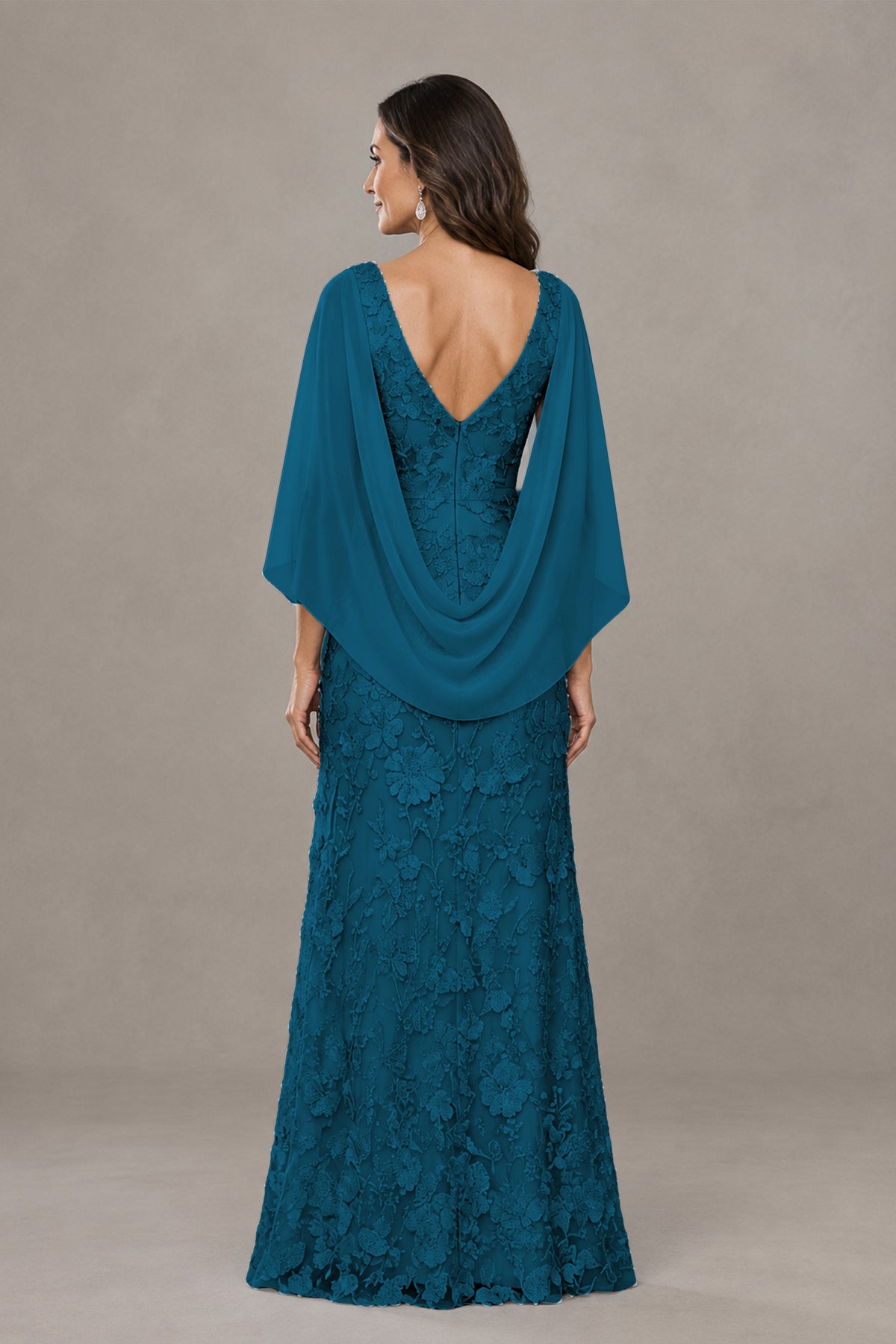 BOLODOO Peacock Lace Mother of the Bride Dress with Cape Sleeves - Peacock