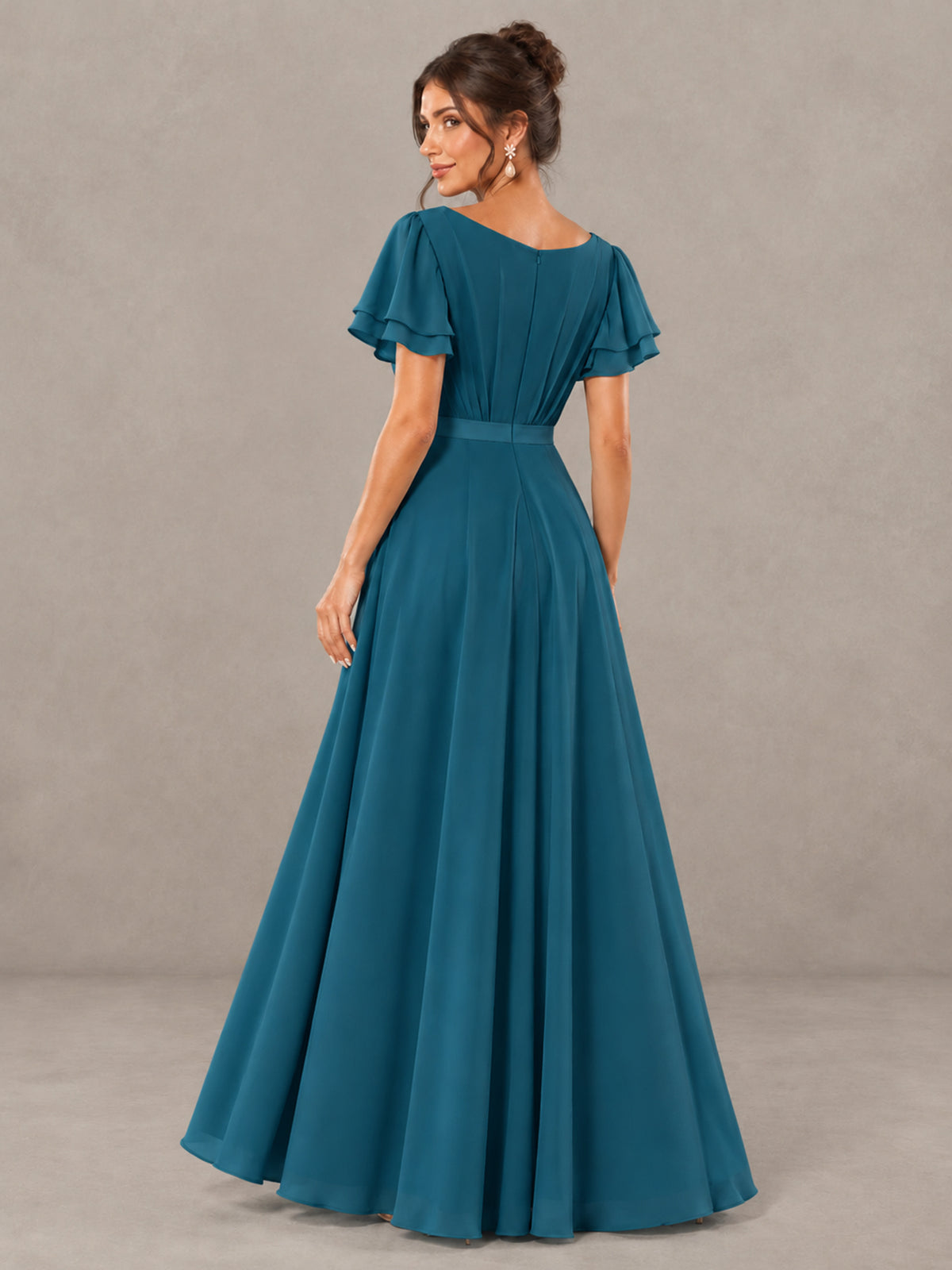 BOLODOO Peacock Flutter Sleeve Ruffle Bridesmaid Dress with Slit - Peacock - Peacock (2)