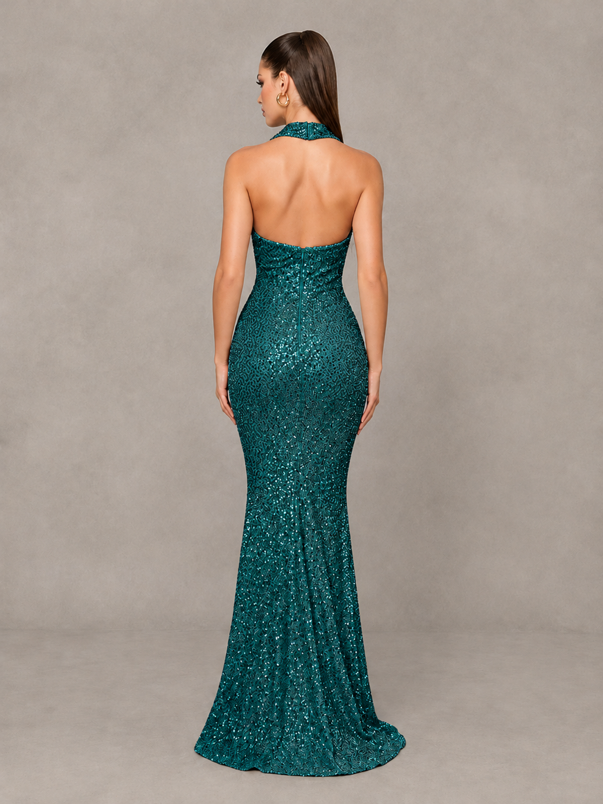 BOLODOO Peacock Sequin Halter Mermaid Evening Gown - Peacock - Peacock (2)