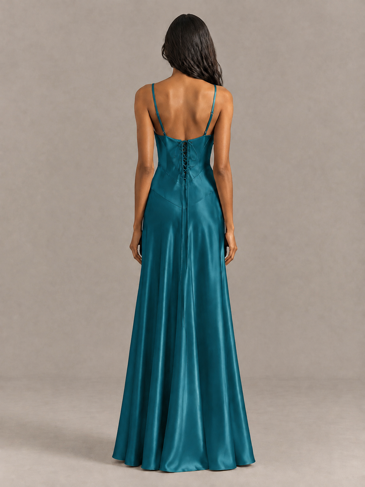 BOLODOO Peacock Satin Lace-Up Back Maxi Dress - Peacock