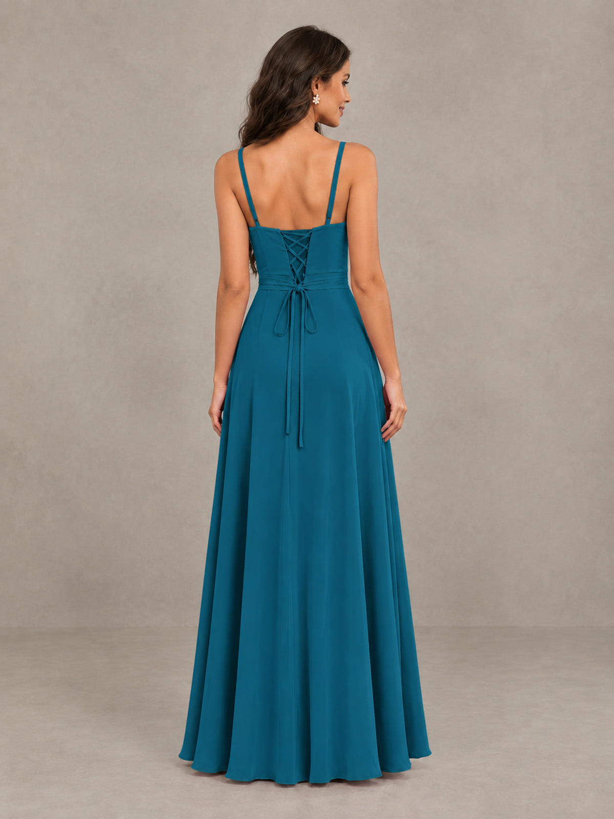 BOLODOO Peacock Spaghetti Strap Ruffle Bridesmaid Dress with Slit - Peacock - Peacock (2)