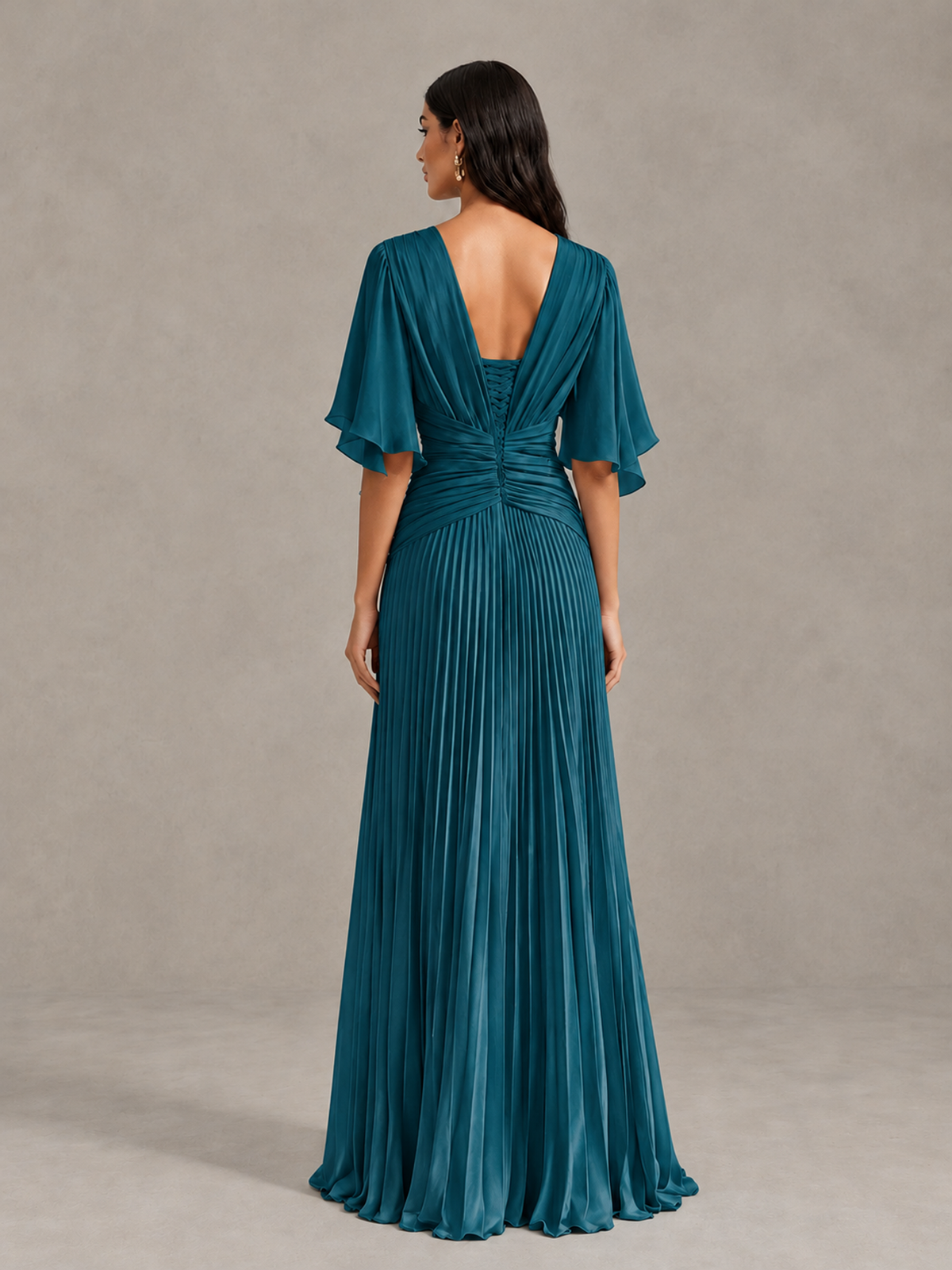 BOLODOO Peacock Pleated V-Neck Flutter Sleeve Bridesmaid Dress - Peacock - Peacock (2)