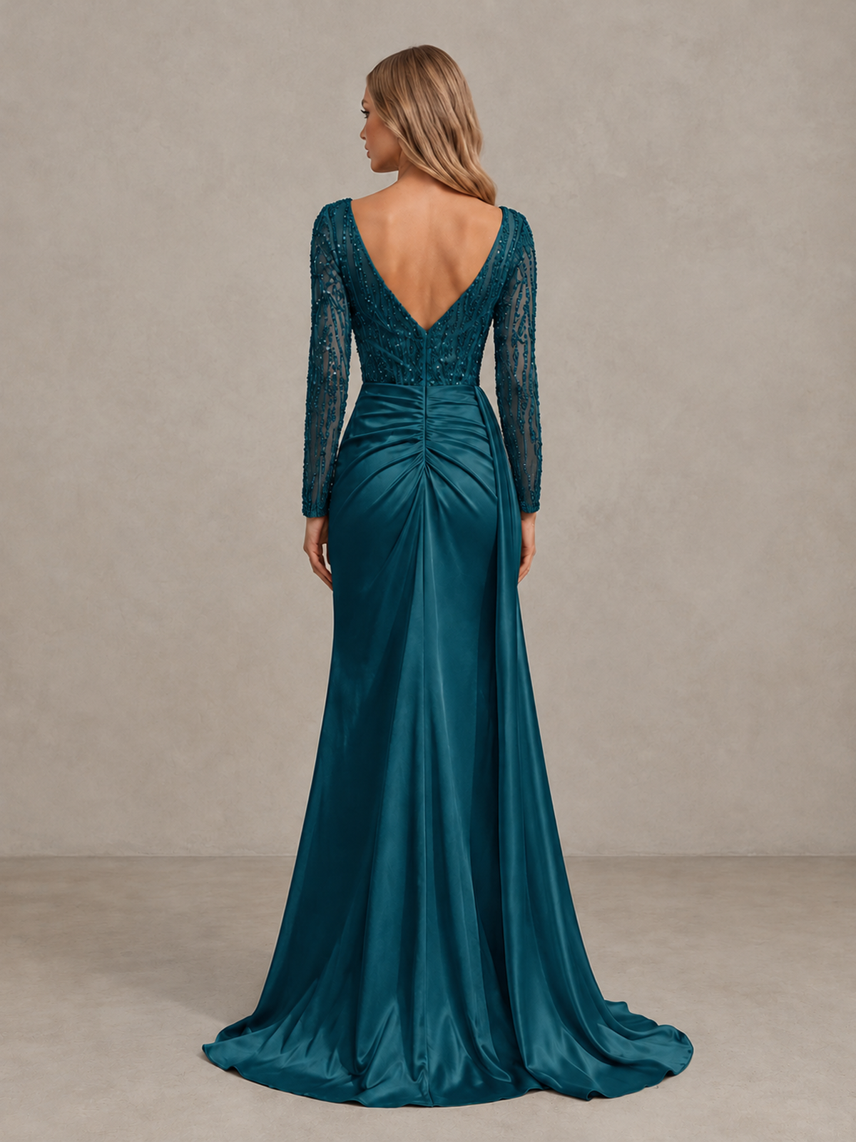 BOLODOO Peacock Long Sleeve Lace Evening Dress with High Slit - Peacock - Peacock (2)