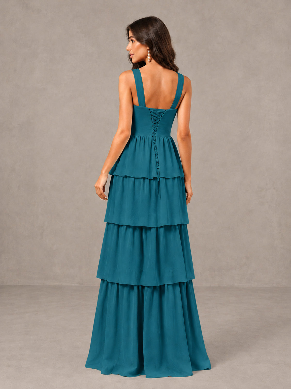 BOLODOO Peacock Square Neck Tiered Bridesmaid Dress with Slit - Peacock - Peacock (2)
