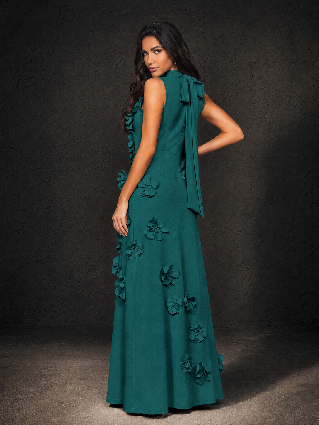 BOLODOO Peacock Mock Neck Sleeveless 3D Floral Appliqué Maxi Dress with Bow Back - Peacock
