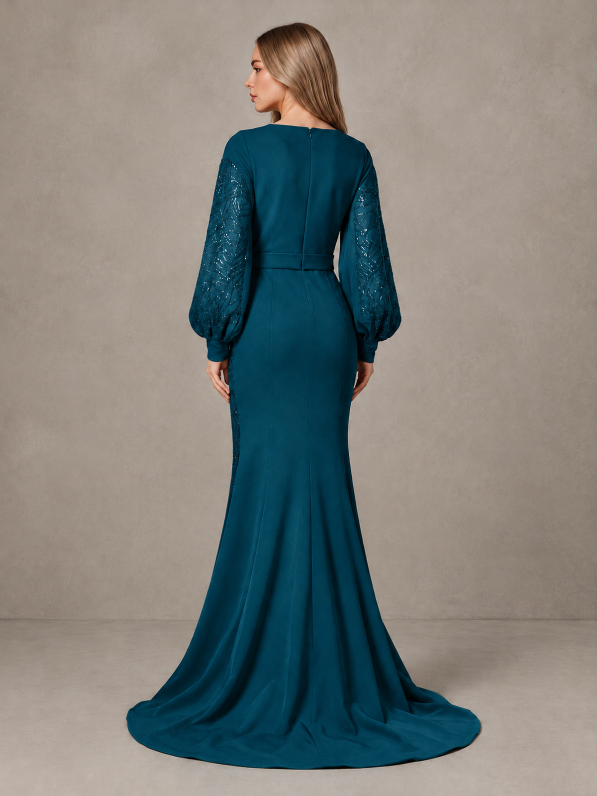 BOLODOO Peacock Sequin Long Bishop Sleeve Mermaid Evening Dress - Peacock - Peacock (2)