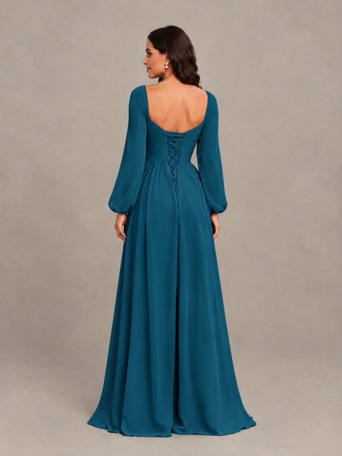BOLODOO Peacock Long Sleeve Chiffon Bridesmaid Dress with Slit - Peacock - Peacock (2)