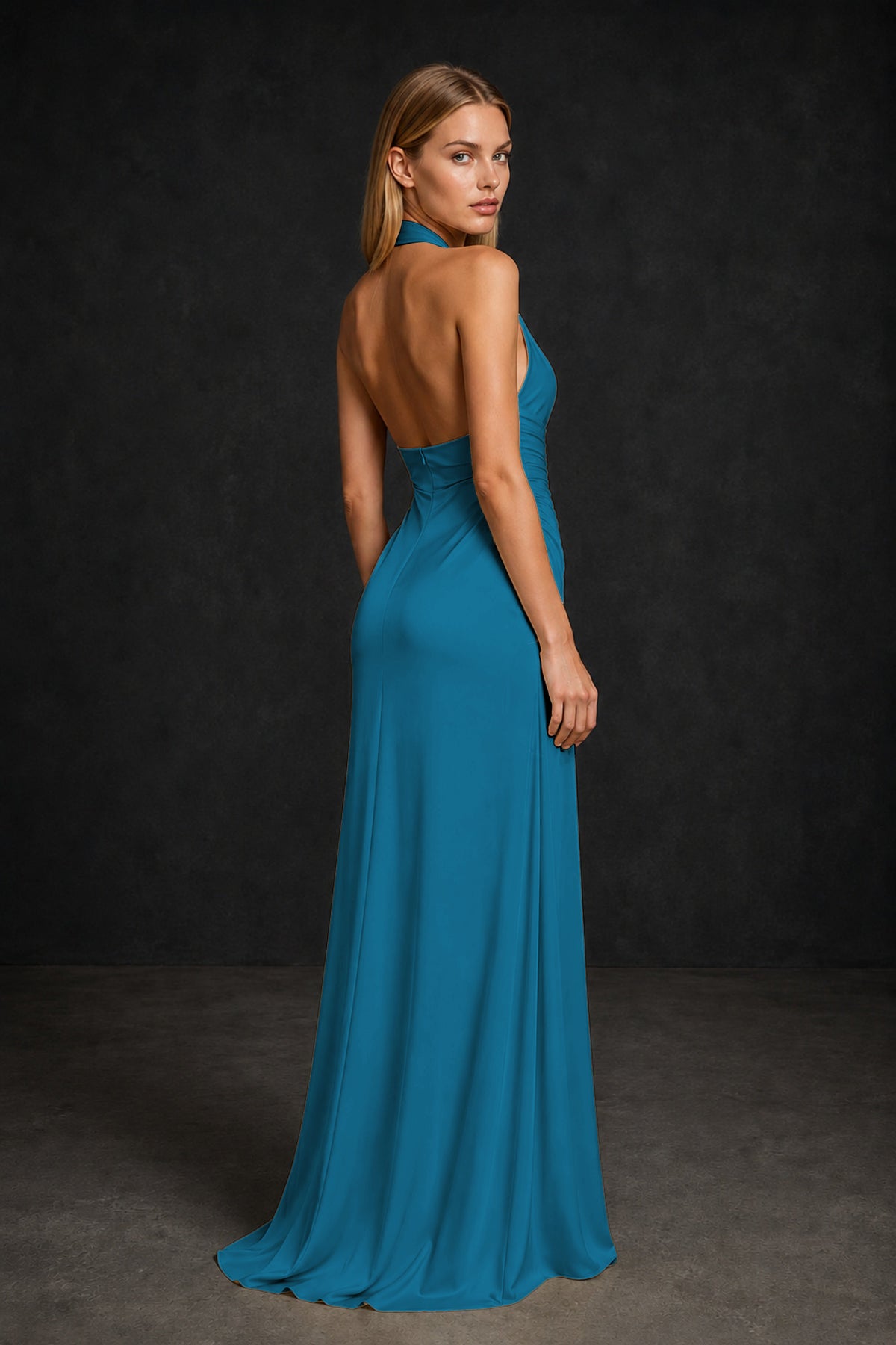 BOLODOO Peacock Twisted Halter Neck Ruched Sleeveless Open Back Floor-Length Gown - Peacock