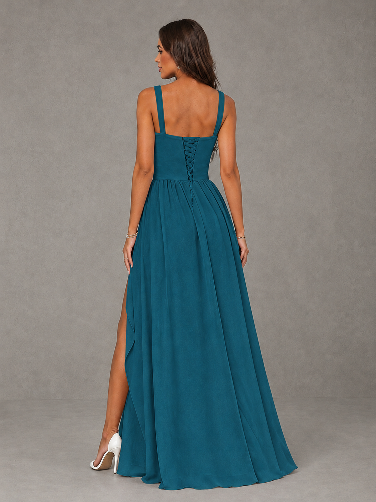 BOLODOO Peacock A-Line Bridesmaid Dress with High Slit & Lace-Up Back - Peacock - Peacock (2)