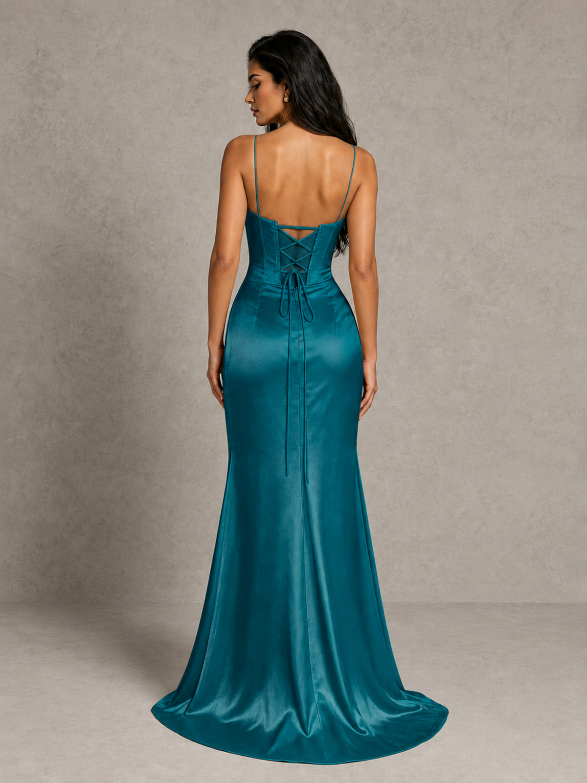 BOLODOO Peacock Satin Corset Prom Dress with High Slit & Lace-Up Back - Peacock - Peacock (2)