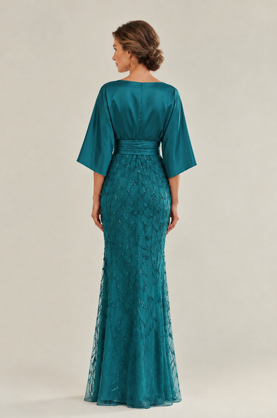 BOLODOO Peacock Mother of the Bride Dress with Kimono Sleeves, Satin Bodice & Sequin Embroidered Mermaid Floor-Length Gown - Peacock - Peacock (2)