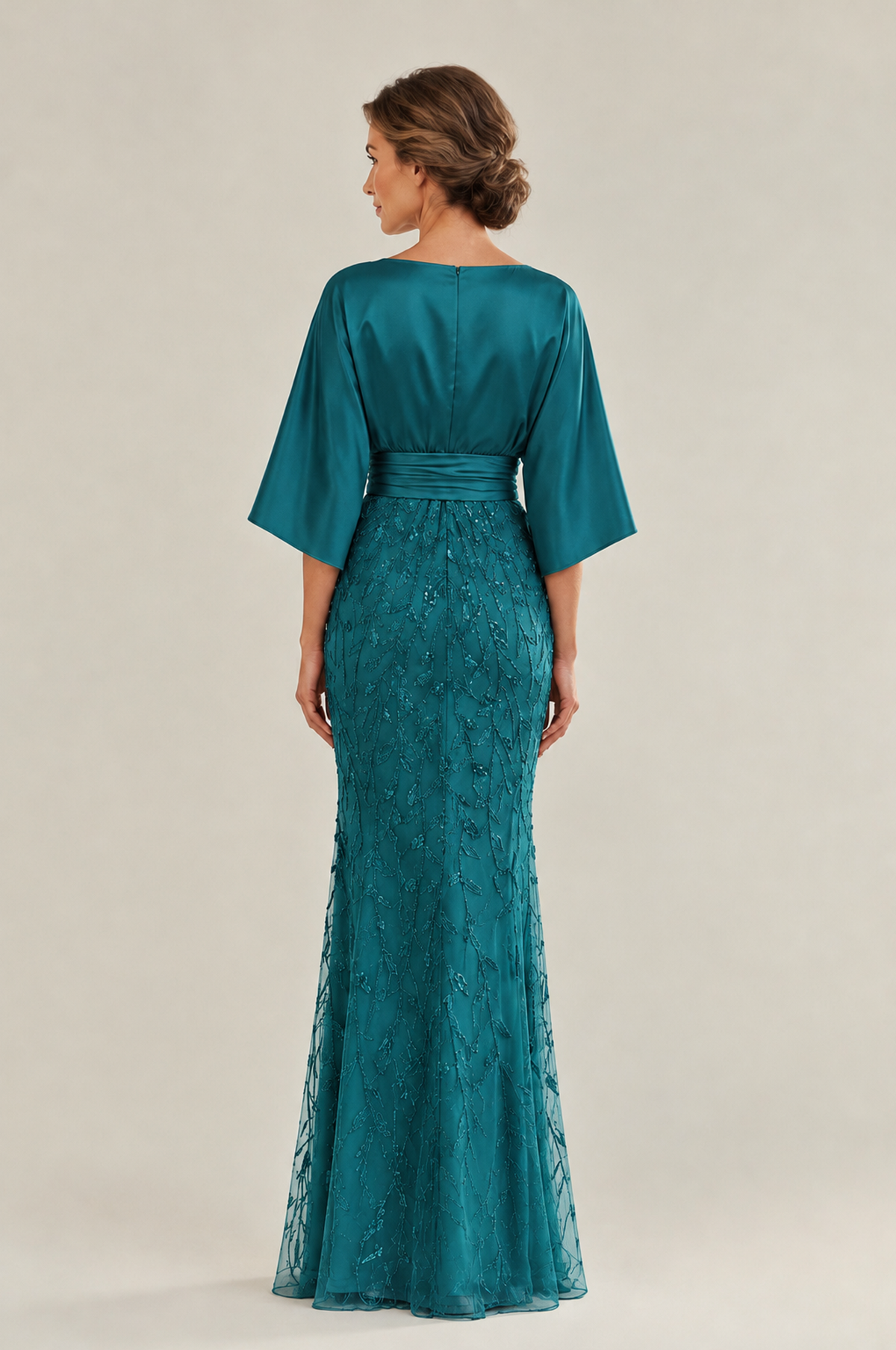 BOLODOO Peacock Mother of the Bride Dress with Kimono Sleeves, Satin Bodice & Sequin Embroidered Mermaid Floor-Length Gown - Peacock - Peacock (2)