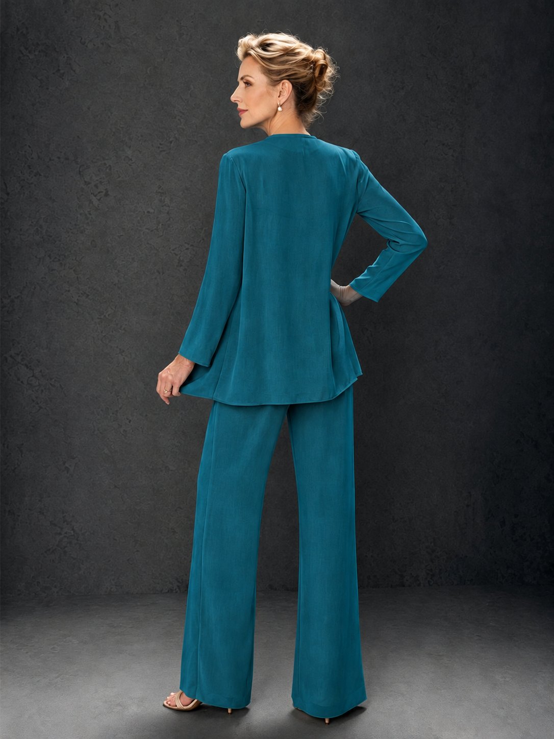 BOLODOO Peacock 3-Piece Mother of the Bride Pant Suit with Beaded Top & Chiffon Jacket - Peacock