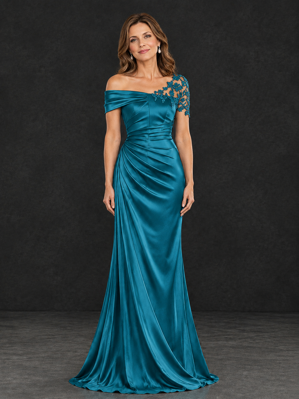 BOLODOO Peacock Asymmetric Satin Mother of the Bride Dress with Lace Sleeve - Peacock - Peacock (2)