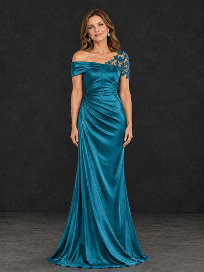 BOLODOO Peacock Asymmetric Satin Mother of the Bride Dress with Lace Sleeve - Peacock - Peacock (2)