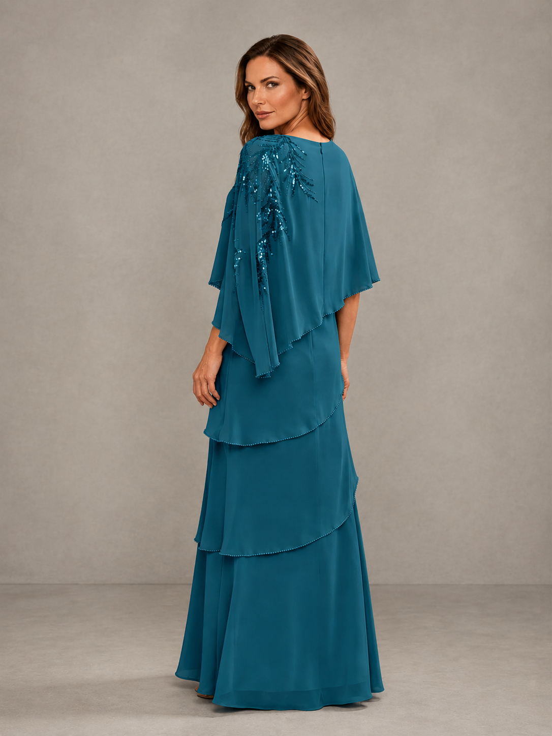 BOLODOO Peacock Mocha Asymmetric Cape Sleeve Peacock Sequin Embroidered Pearl Trim Tiered Chiffon Gown - Peacock