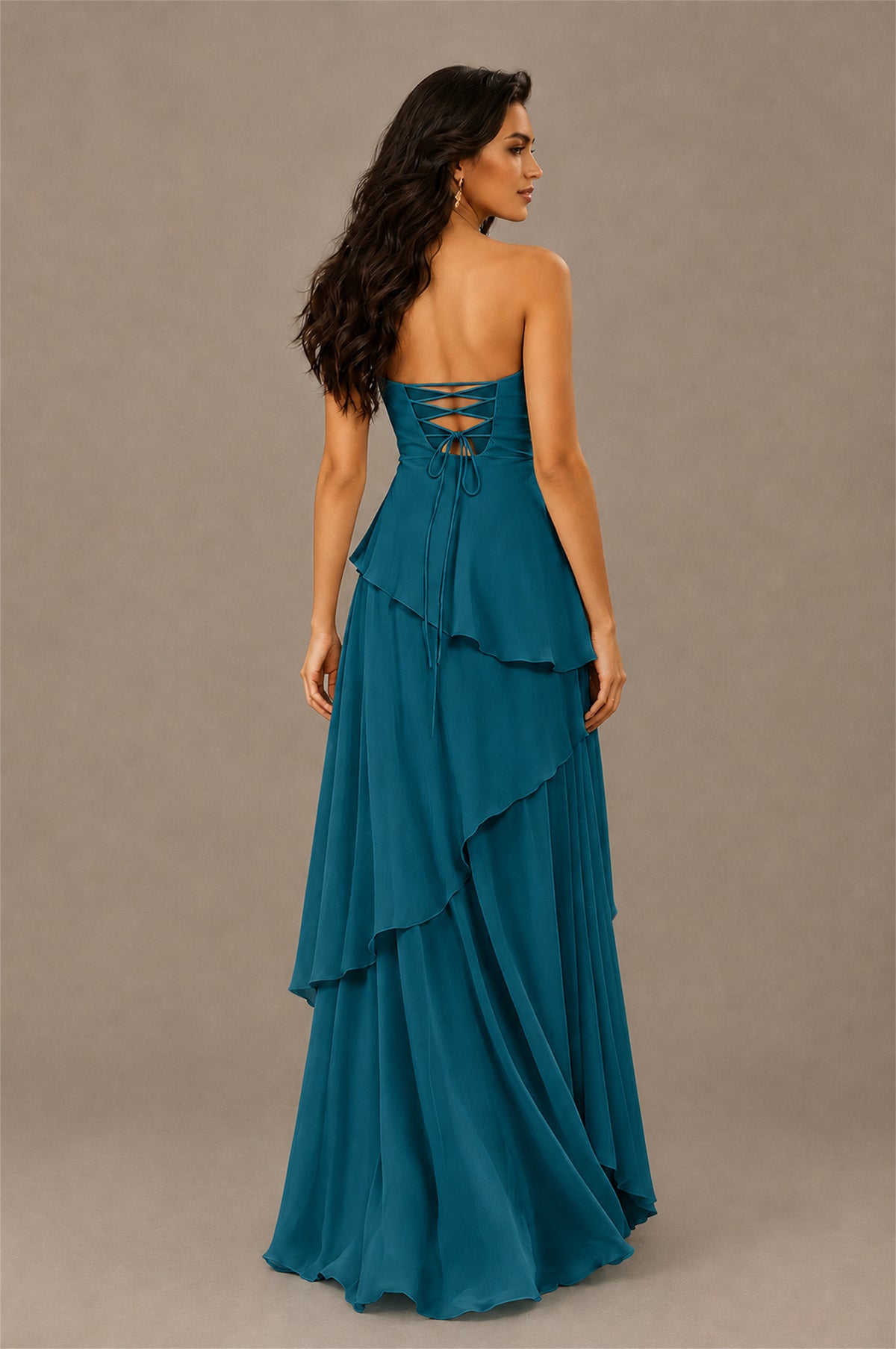 BOLODOO Peacock Strapless Sweetheart Knotted Chiffon Tiered Maxi Dress with Lace-Up Back - Peacock