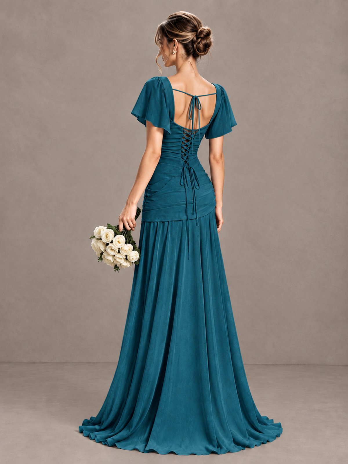 BOLODOO Peacock Flutter Sleeve Lace-Up Back Maxi Dress - Peacock - Peacock (2)