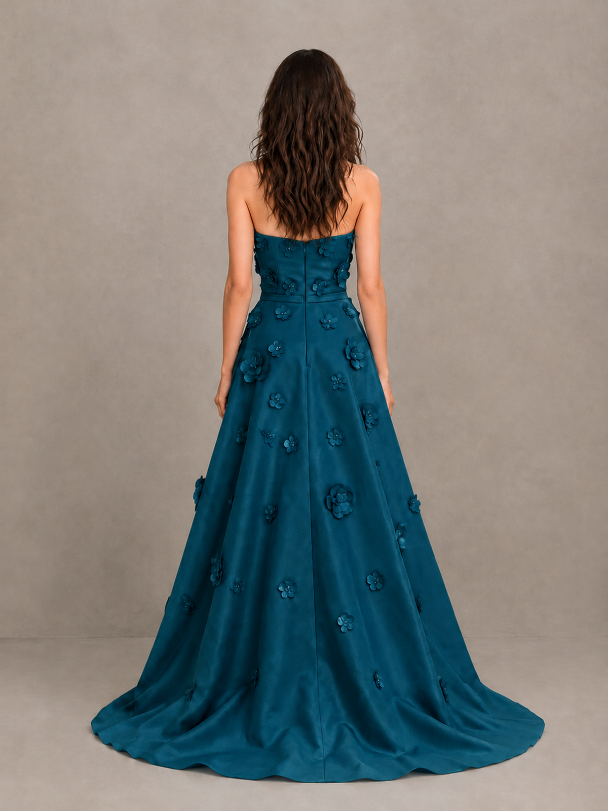 BOLODOO Peacock Strapless 3D Floral Applique Prom Gown with Draped Skirt - Peacock - Peacock (2)