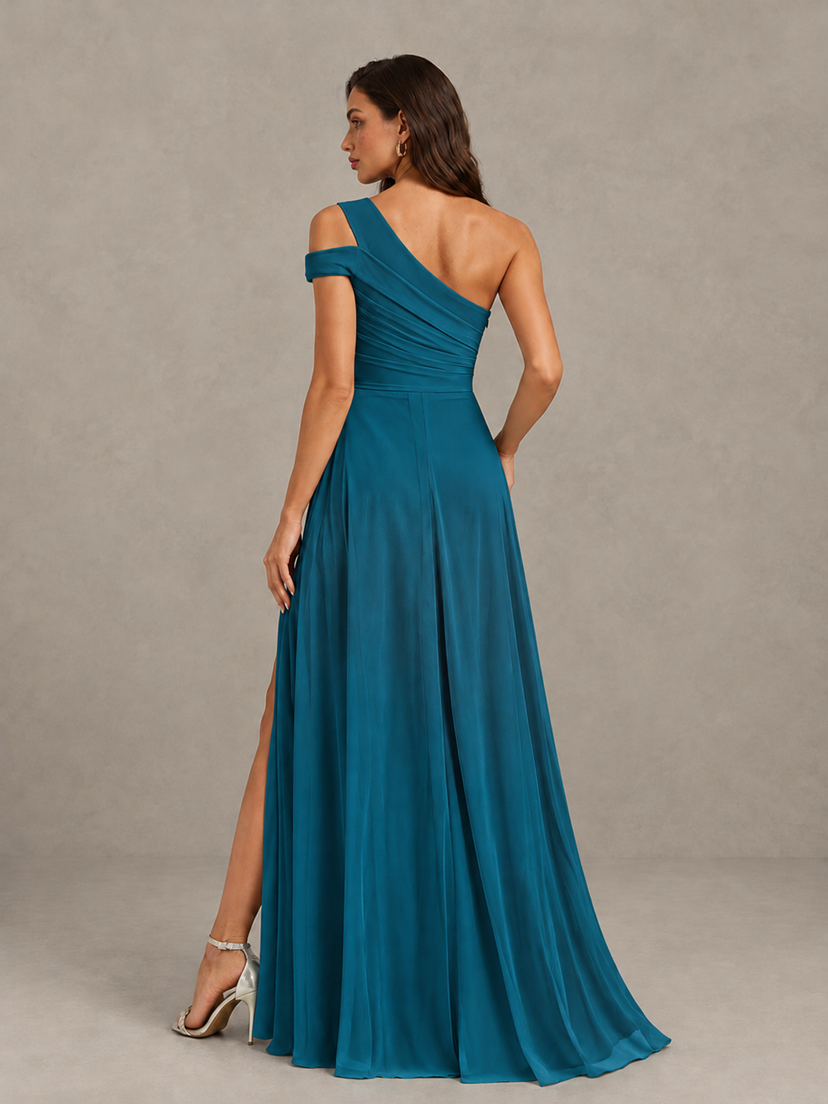 BOLODOO Peacock One-Shoulder Bridesmaid Dress with Side Slit - Peacock - Peacock (2)