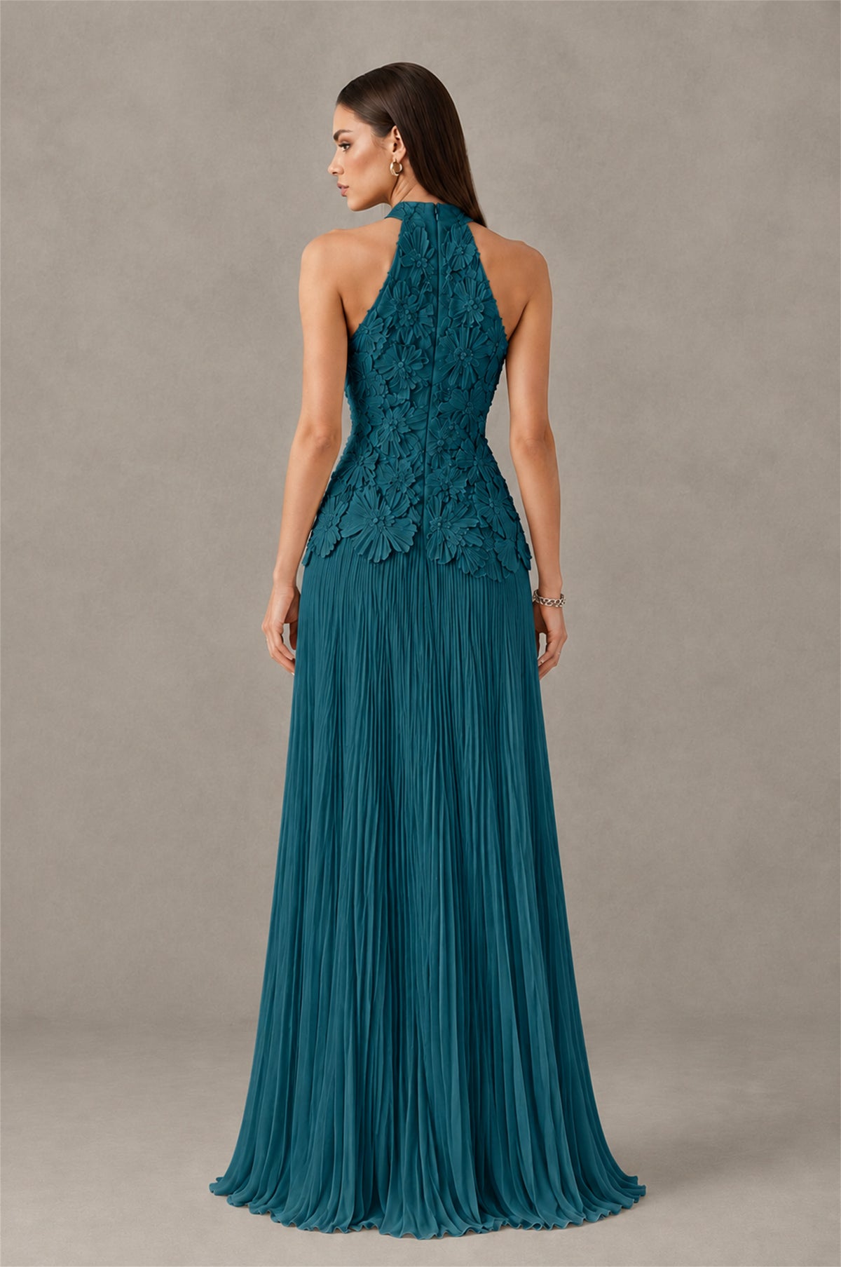 BOLODOO Peacock 3D Floral Applique Halter Neck Open Back Pleated Maxi Dress - Peacock