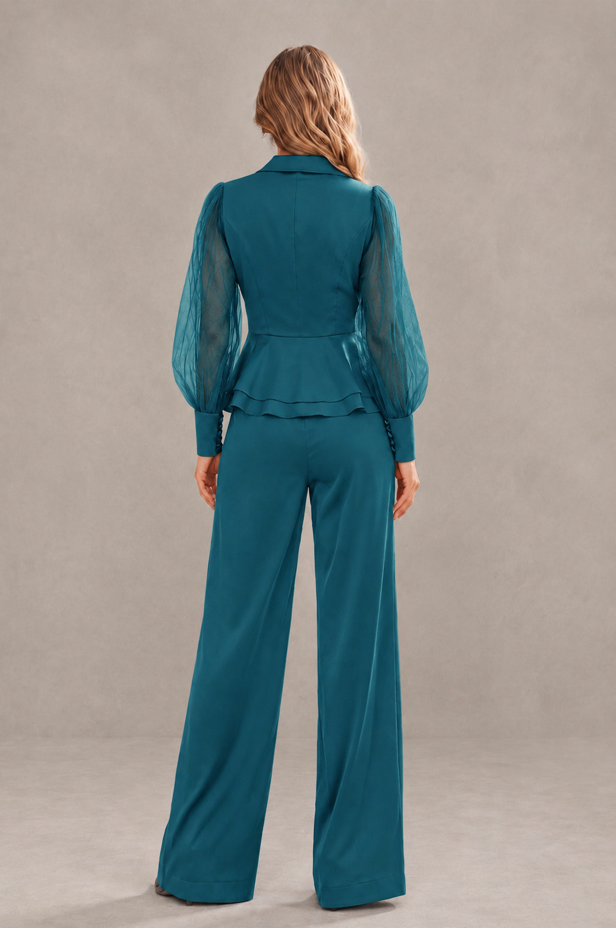 BOLODOO Mint Peacock Peplum Blazer Wide-Leg Pantsuit with Sheer Puff Sleeves - Peacock
