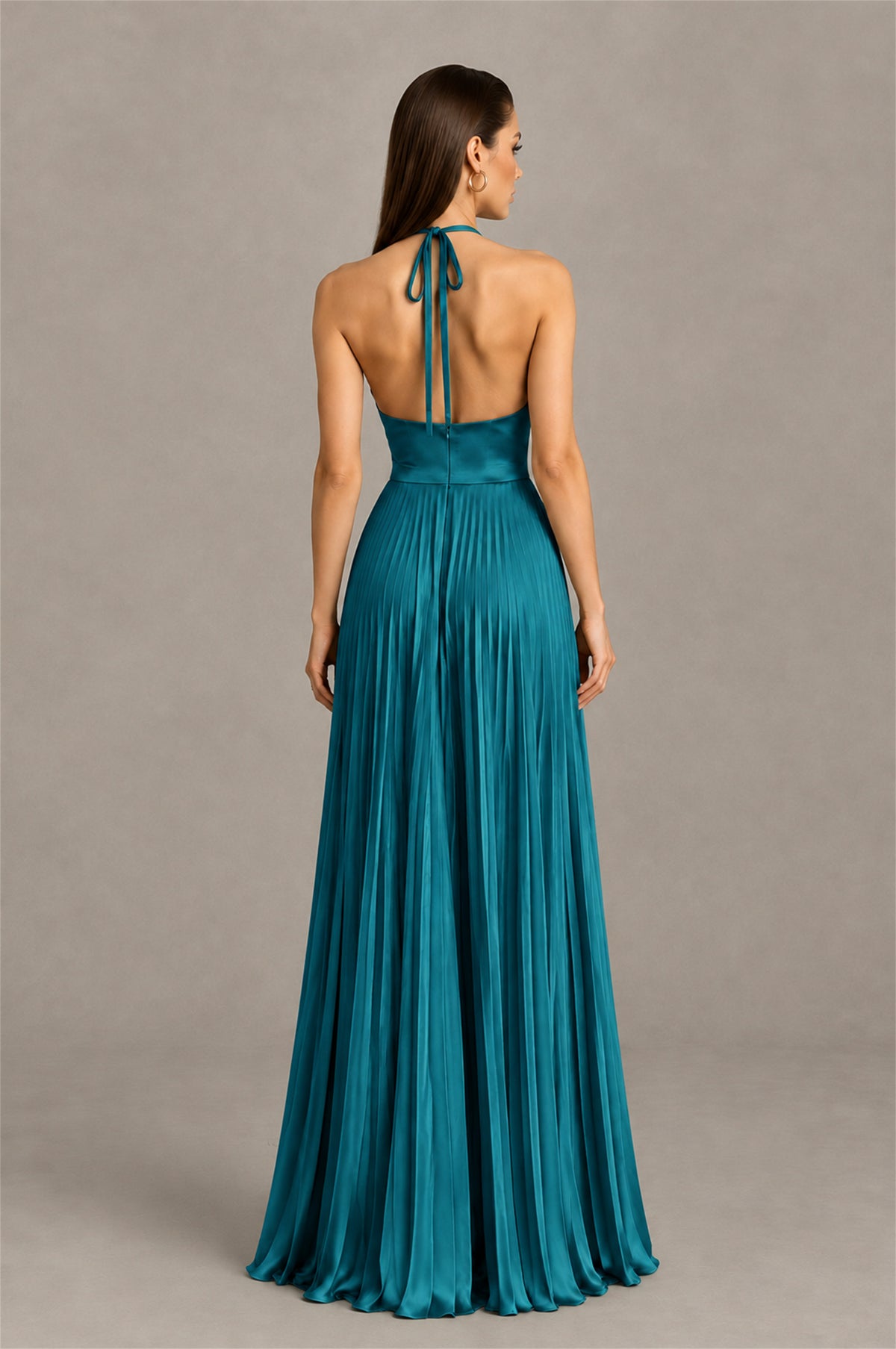 BOLODOO Peacock Halter Pleated A-Line Evening Dress - Peacock - Peacock (2)