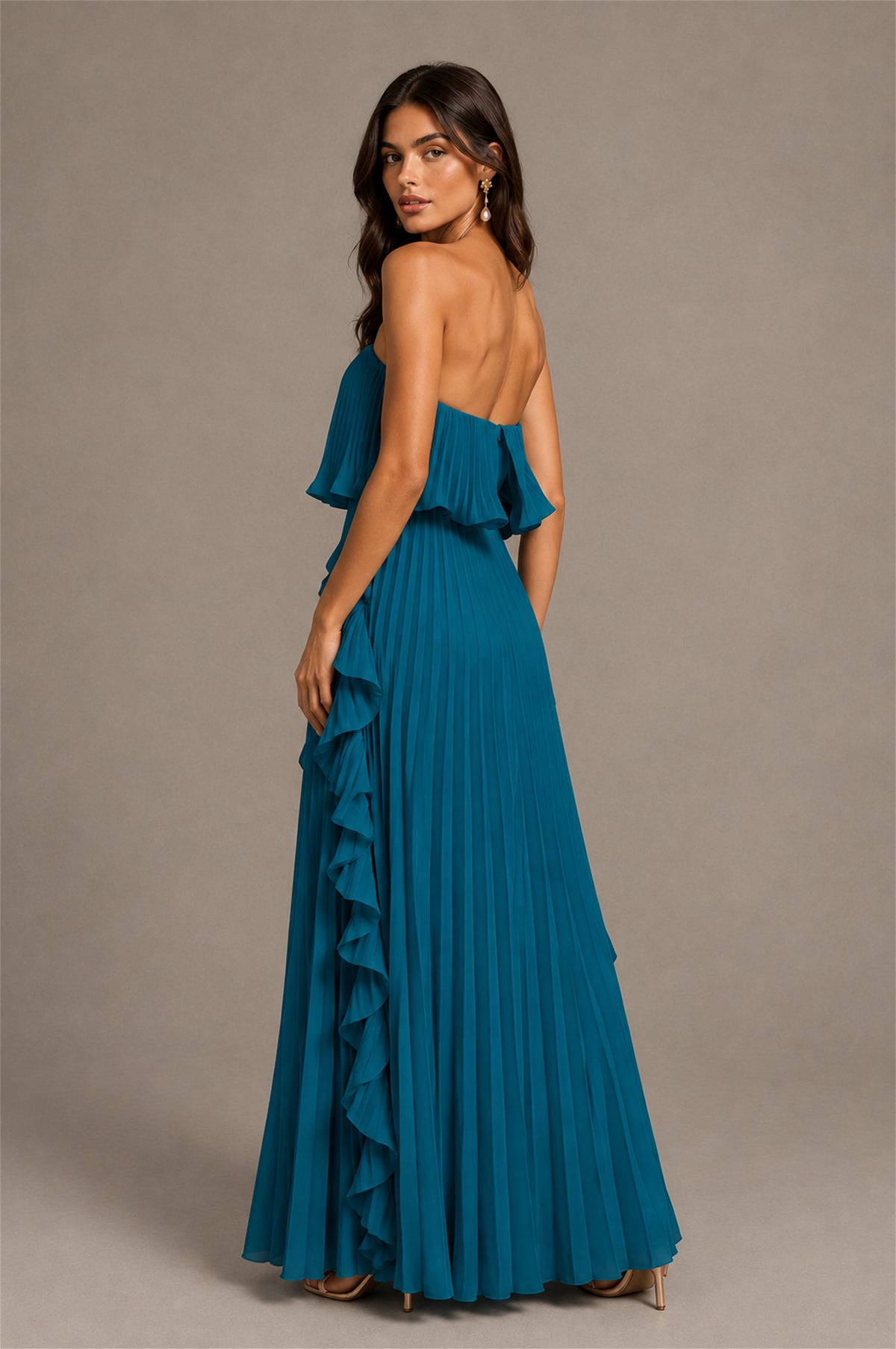 BOLODOO Peacock Strapless Ruffle Bodice Dual Cascading Ruffle Accordion Pleated Chiffon Maxi Dress - Peacock