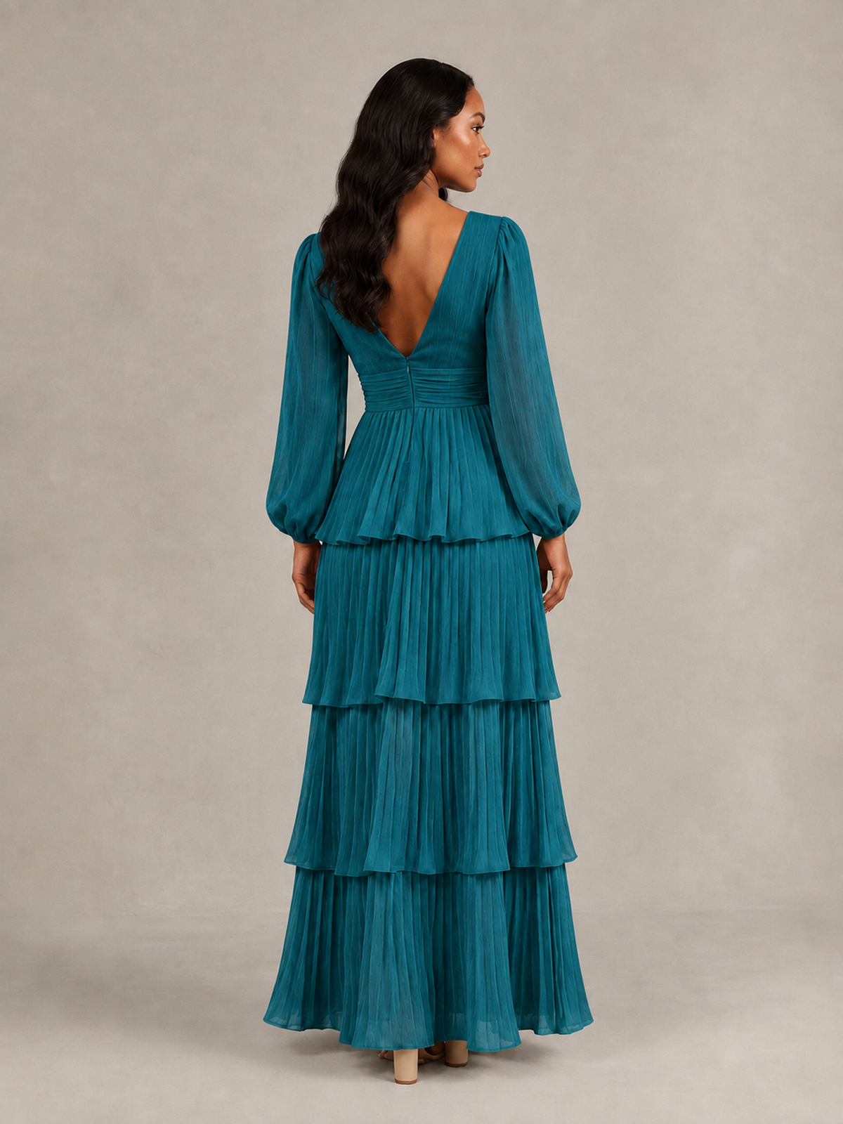 BOLODOO Peacock Long-Sleeve Tiered Maxi Dress with Deep V-Neck - Peacock