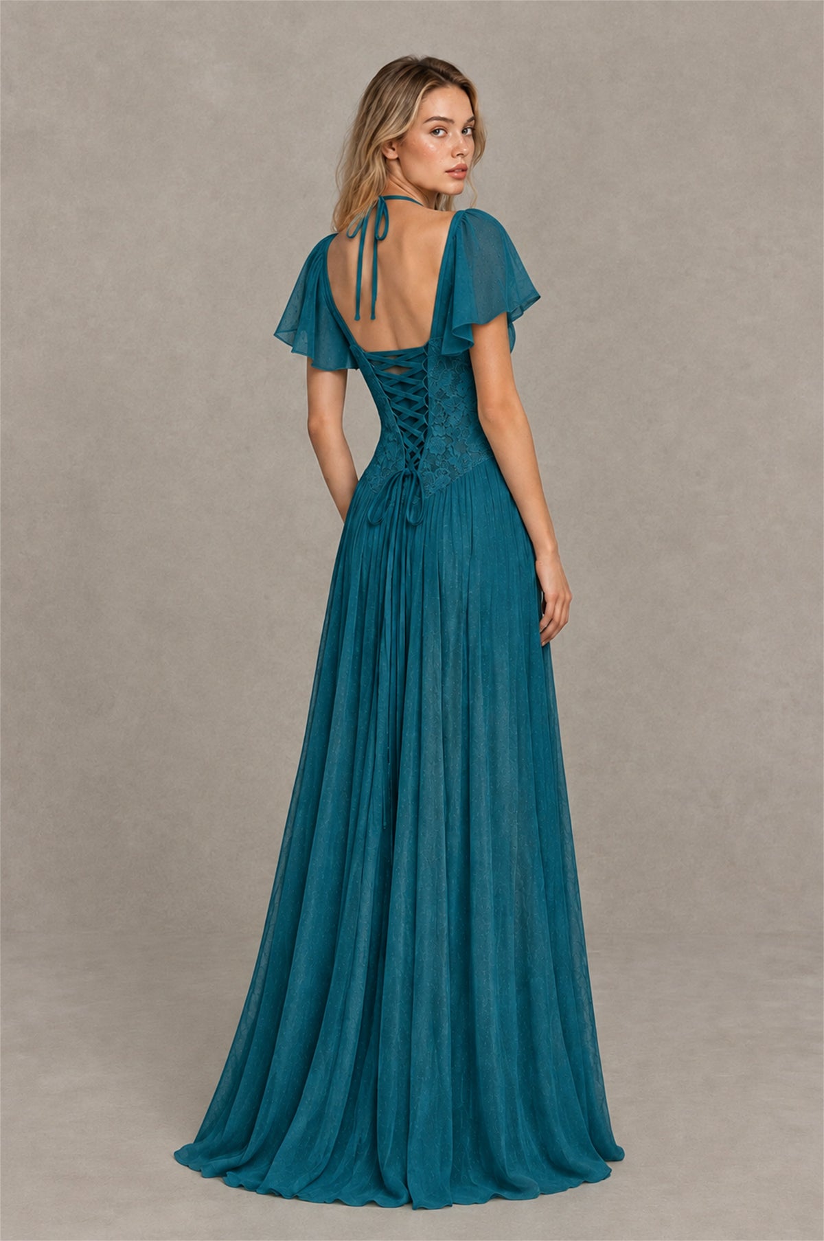 BOLODOO Peacock Flutter Sleeve Lace Corset A-Line Maxi Dress - Peacock - Peacock (2)