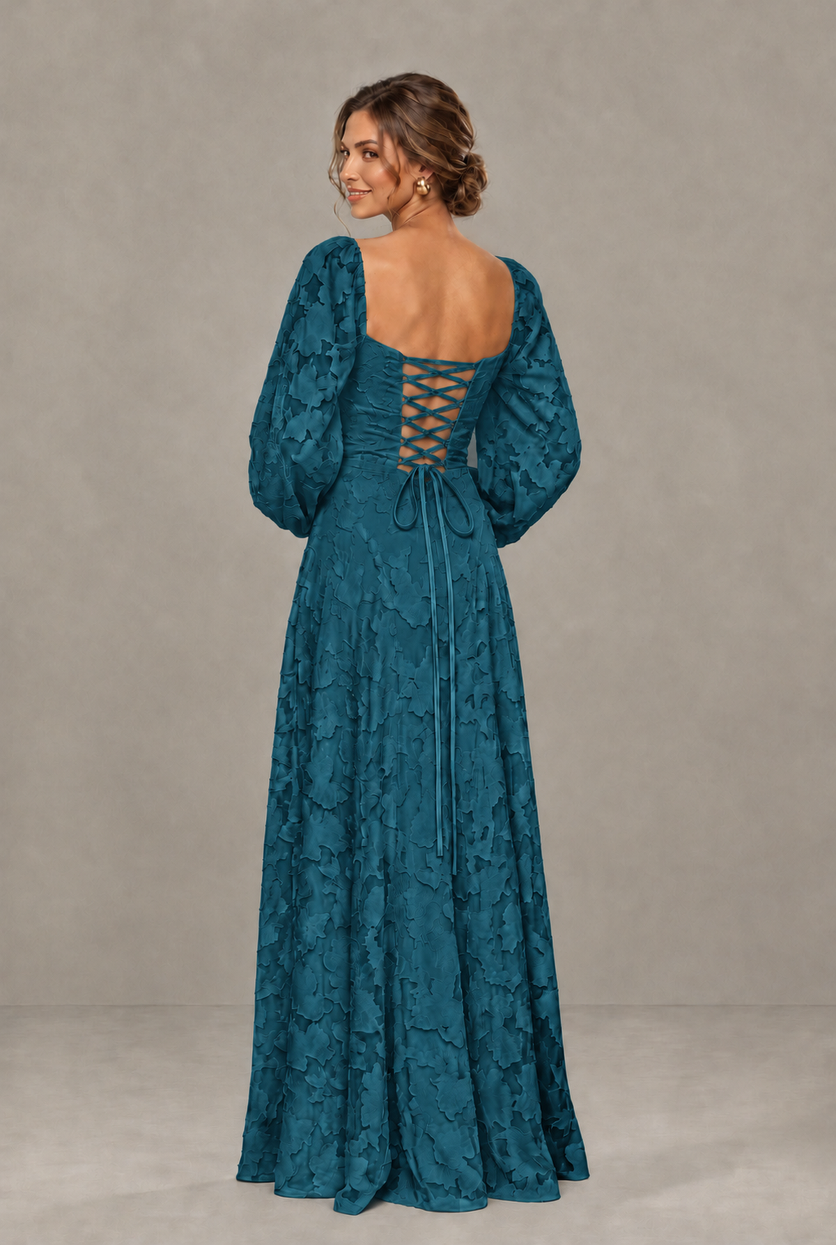 BOLODOO Floral Peacock Long Sleeve A-Line Dress with Lace-Up Back - Peacock
