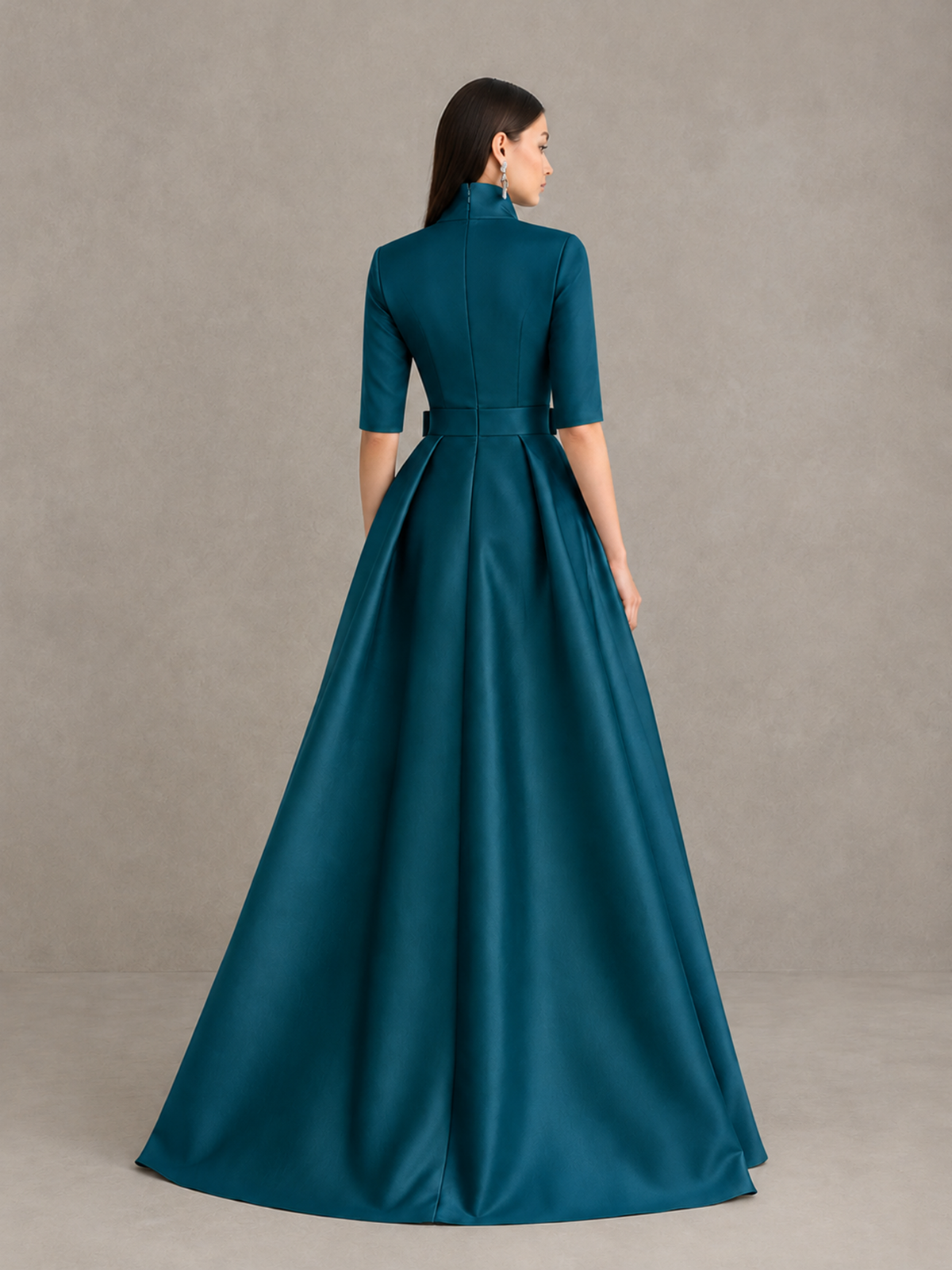 BOLODOO Peacock Stand Collar Bow Waist Floral Embroidered Evening Gown - Peacock - Peacock (2)