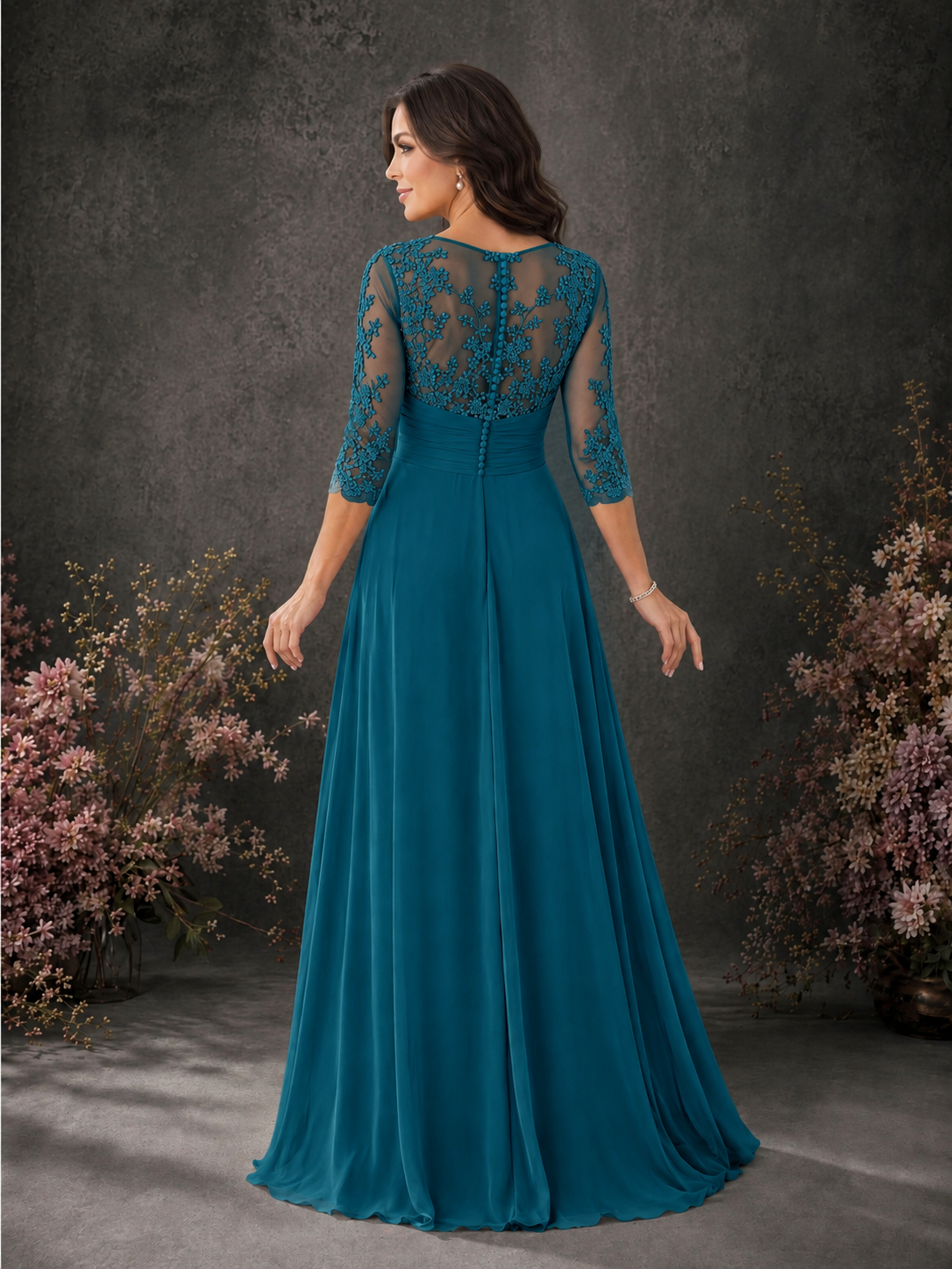 BOLODOO Peacock Chiffon Lace Illusion Neckline 3/4 Sleeve Floor Length Formal Gown - Peacock