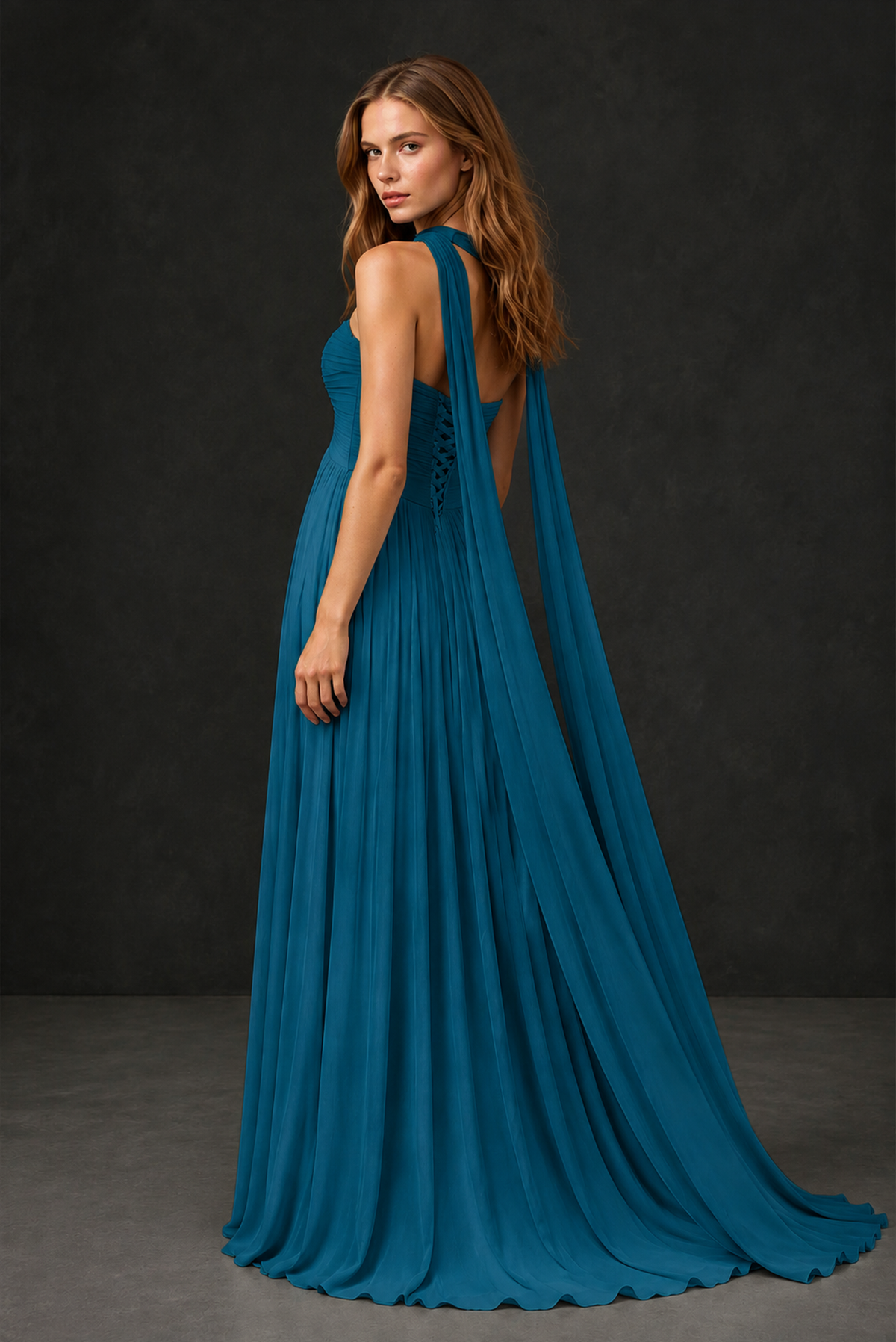 BOLODOO Peacock Sweetheart Strapless Twist Knot Detached Halter Scarf Lace-Up Back Empire Waist Chiffon Maxi Dress - Peacock