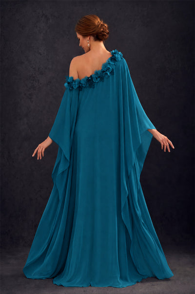 BOLODOO Peacock 2-Piece Set: Off-Shoulder 3D Floral Cape Gown & One-Shoulder Wide-Leg Jumpsuit | BD0373 - Peacock