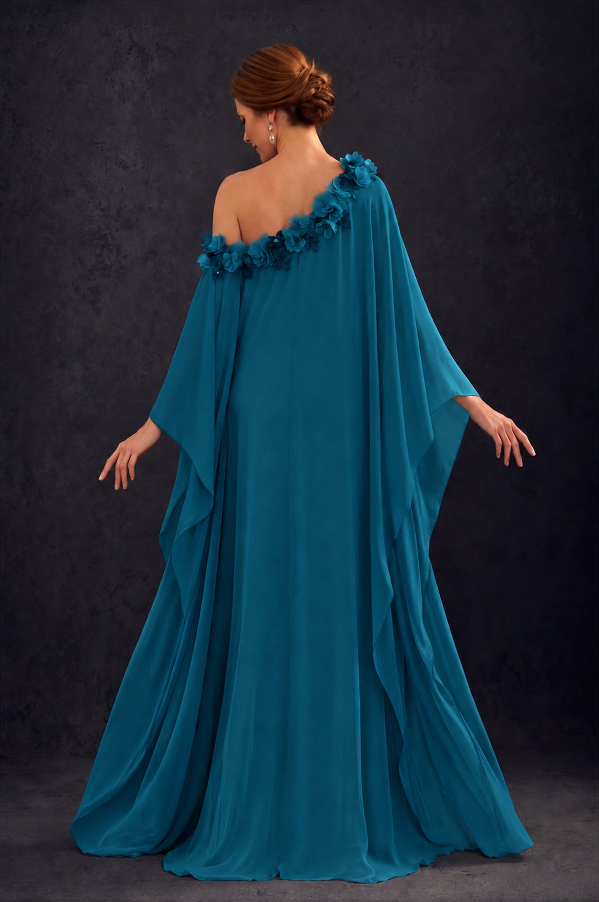 BOLODOO Peacock 2-Piece Set: Off-Shoulder 3D Floral Cape Gown & One-Shoulder Wide-Leg Jumpsuit | BD0373 - Peacock