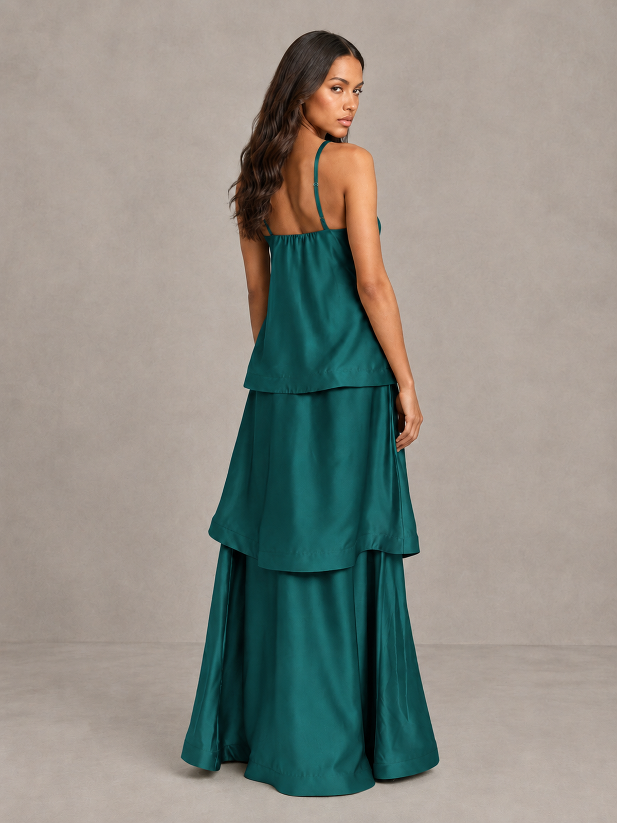 BOLODOO Peacock Satin Tiered Maxi Dress with Spaghetti Straps - Peacock