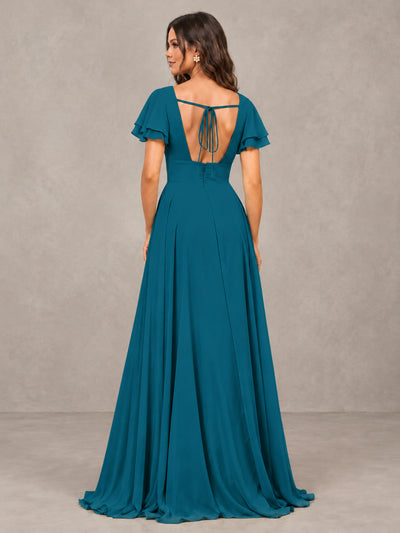 BOLODOO Peacock Flutter Sleeve Chiffon A-Line Maxi Bridesmaid Dress with Open Back & Slit - Peacock - Peacock (2)