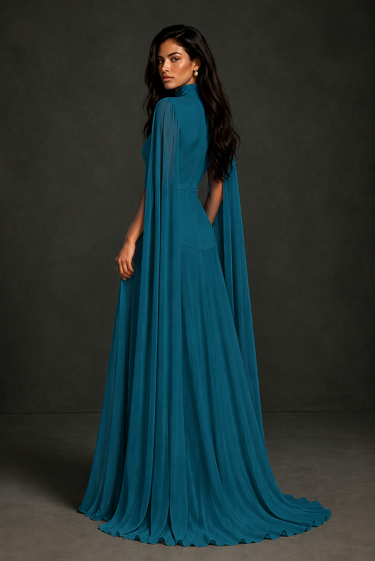 BOLODOO Peacock Mock Neck Cape Sleeve A-Line Chiffon Maxi Dress - Peacock