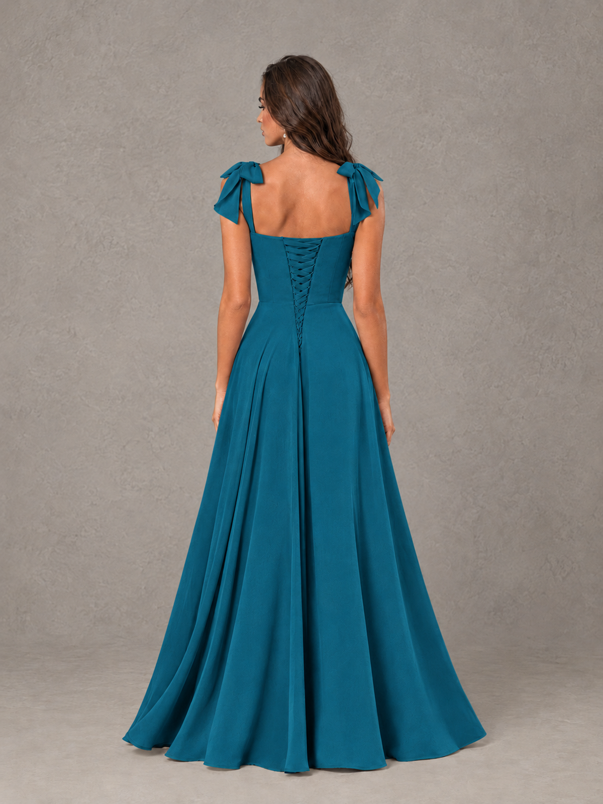 BOLODOO Peacock Bow-Strap Bridesmaid Dress with Ruffle Slit - Peacock - Peacock (2)