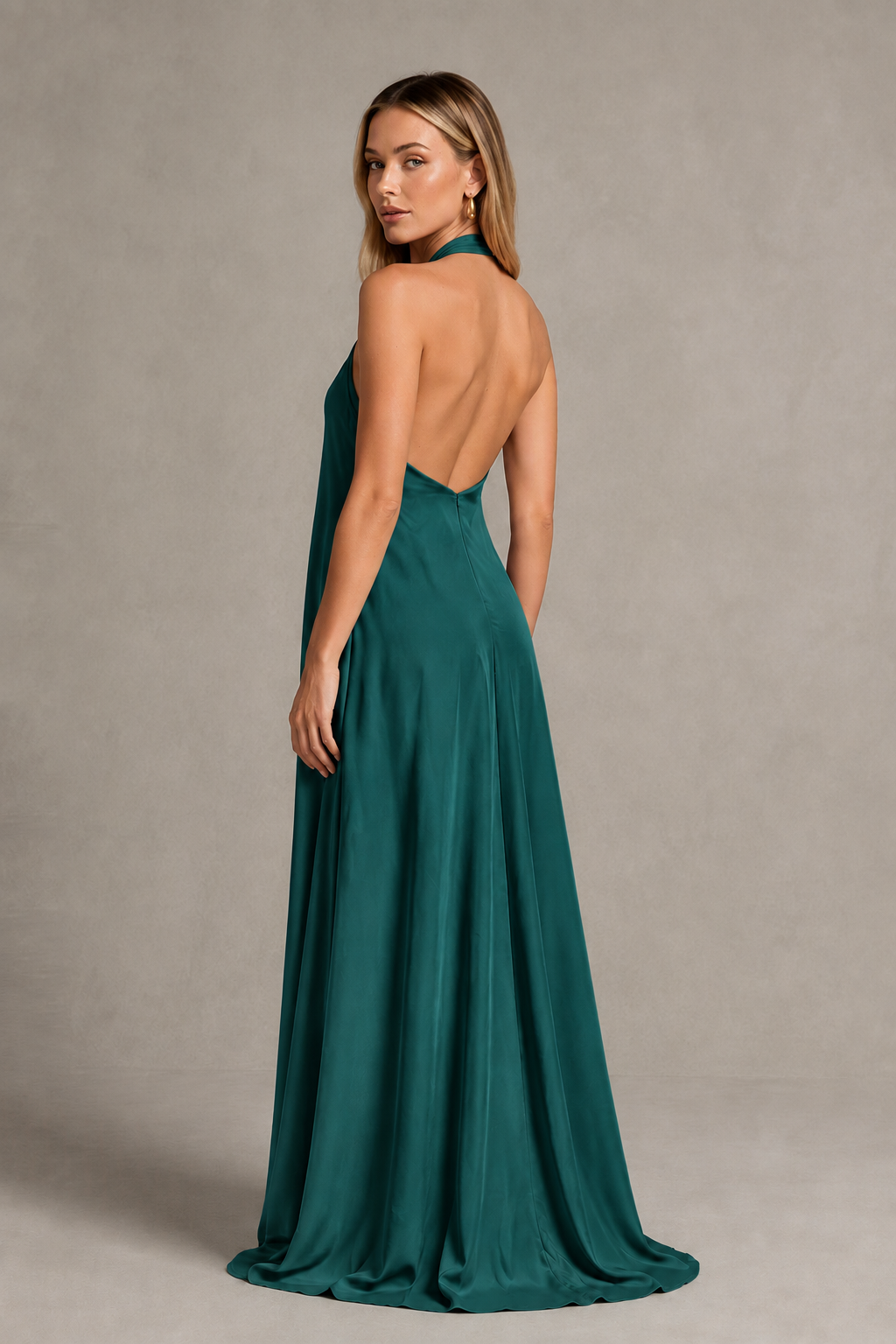 BOLODOO Peacock Backless Halter Satin Bridesmaid Dress - Peacock