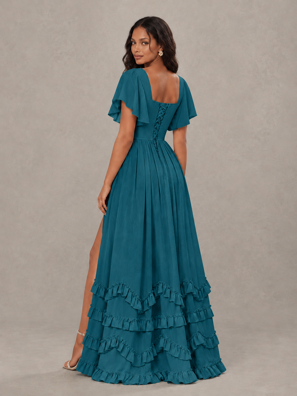 BOLODOO Peacock V-Neck Flutter Sleeve Ruffle Bridesmaid Dress with Slit - Peacock - Peacock (2)
