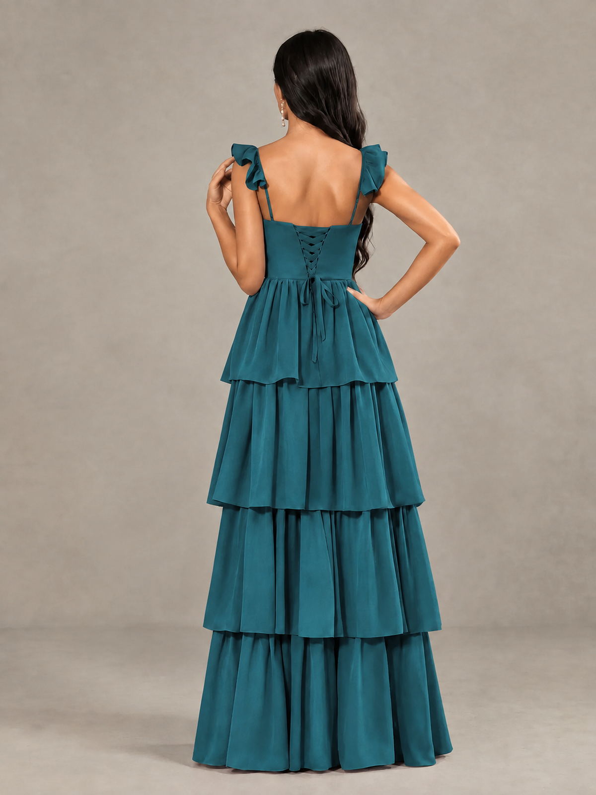 BOLODOO Peacock Tiered Maxi Bridesmaid Dress with Slit - Peacock