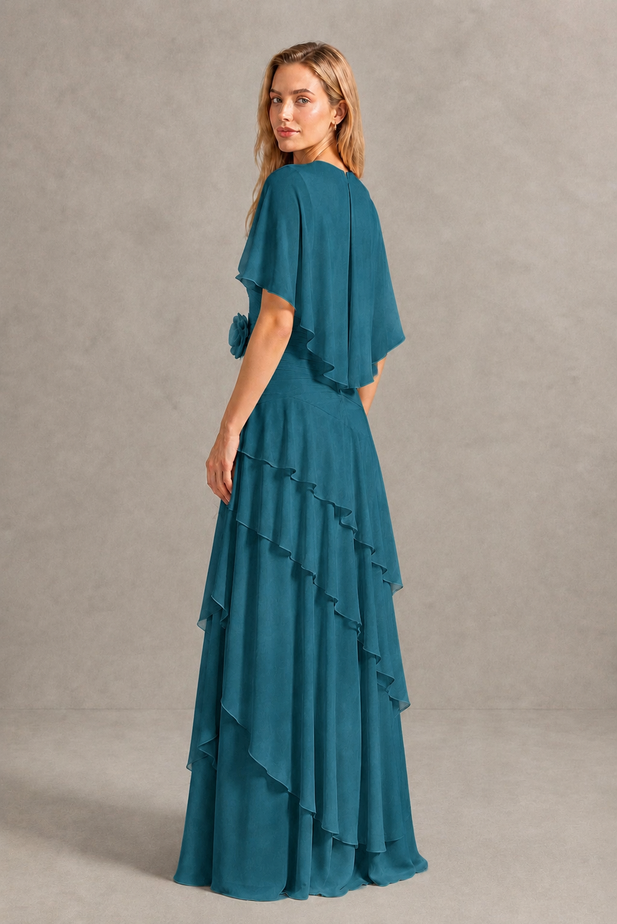 BOLODOO Peacock Chiffon Flutter Sleeve Tiered Maxi Dress with 3D Rosette - Peacock