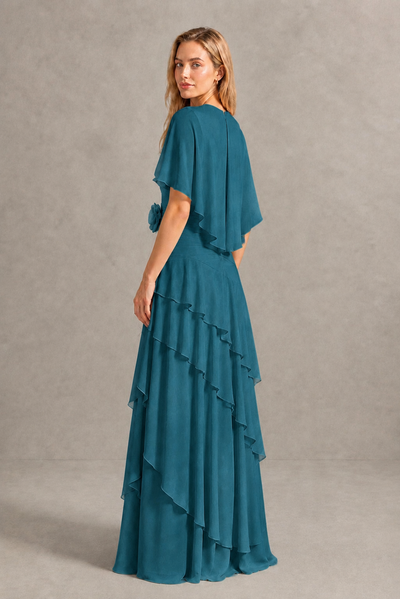 BOLODOO Peacock Chiffon Flutter Sleeve Tiered Maxi Dress with 3D Rosette - Peacock