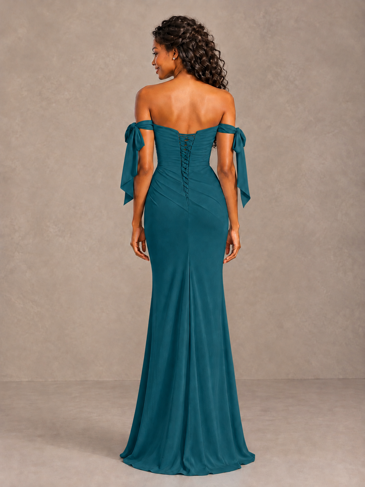 Peacock Off-Shoulder Bow Bridesmaid Dress with Slit - Peacock - Peacock (2)