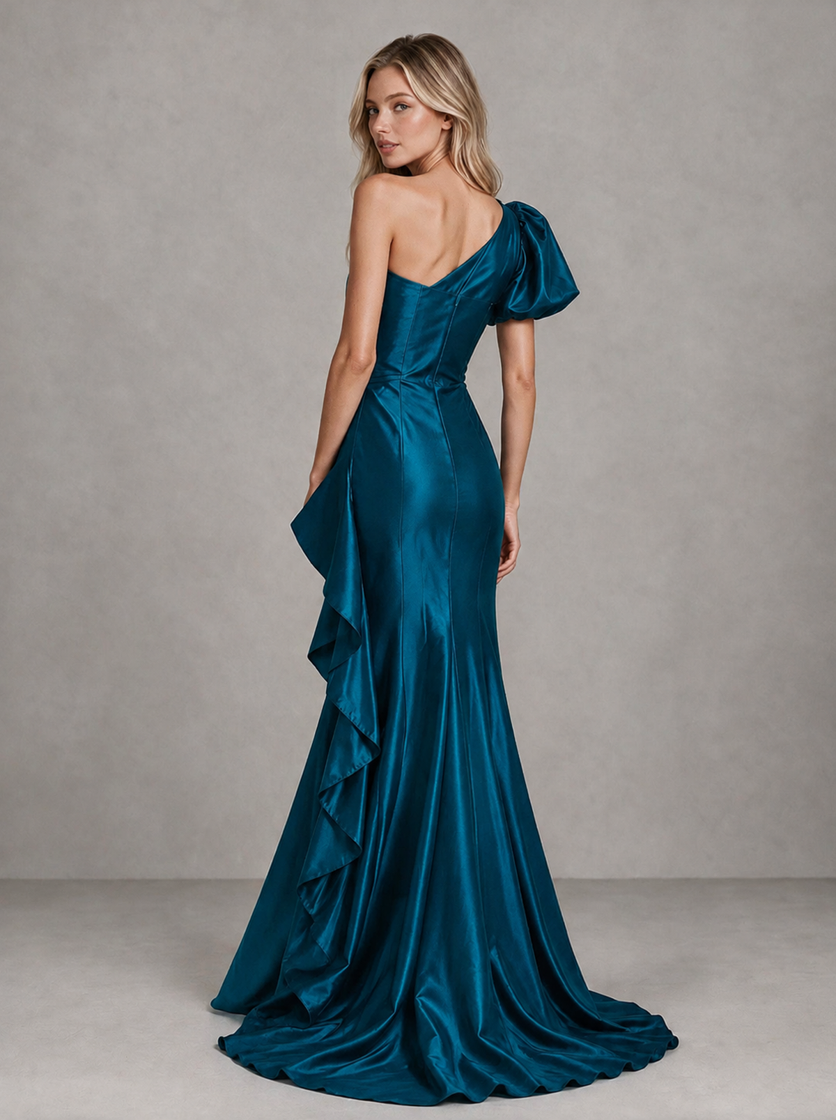 BOLODOO Peacock One-Shoulder Satin-Look Mermaid Evening Dress with Ruffles - Peacock - Peacock (2)